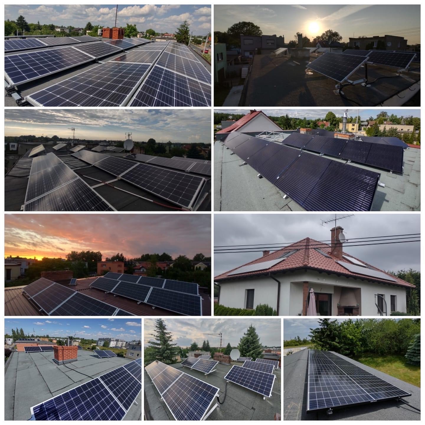 Kompozycja zdjęć instalacji fotowoltaicznych na dachach budynków o różnej architekturze, uchwyconych w różnych warunkach oświetleniowych i porach dnia.
