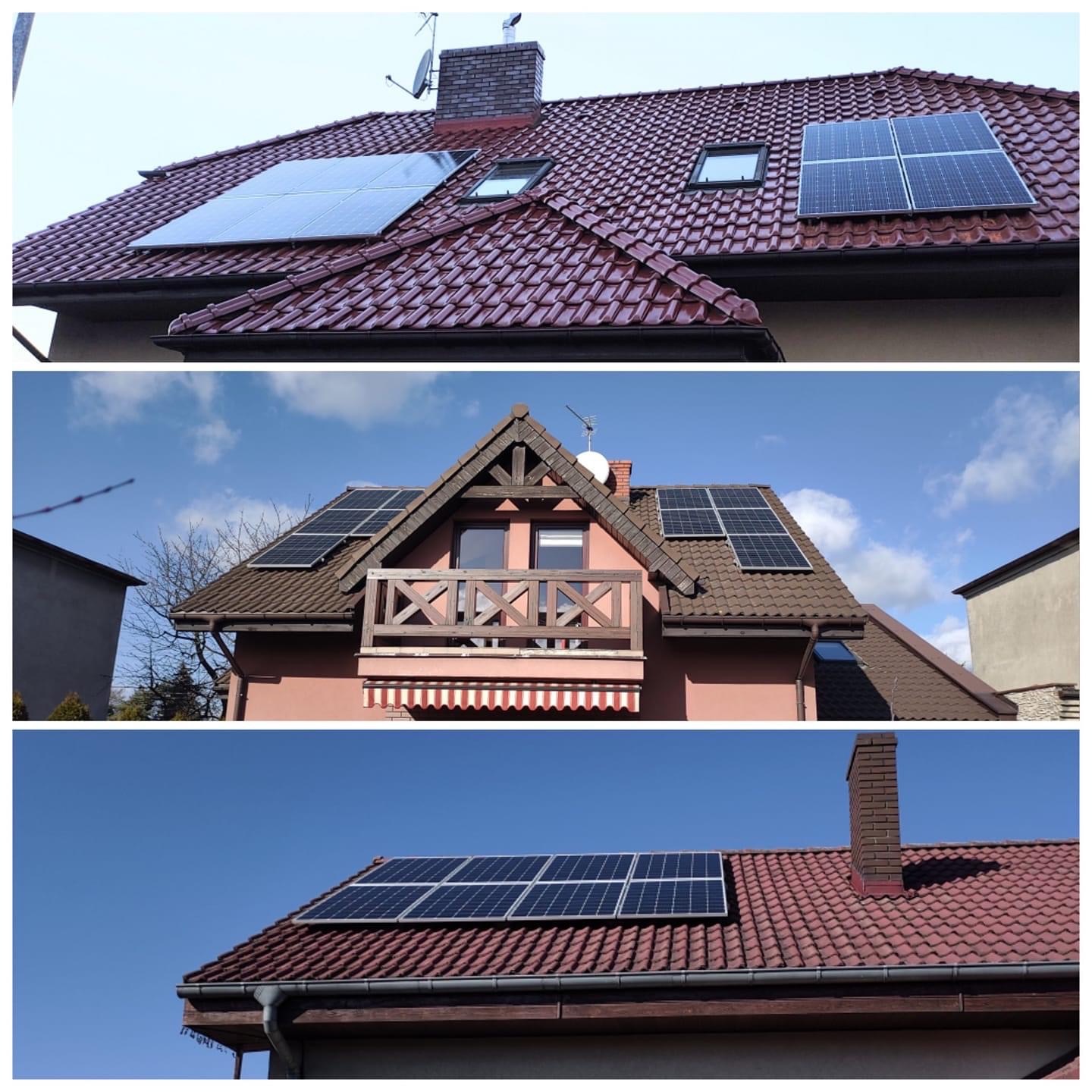 Trzy zbliżenia na dachy domów z zamontowanymi panelami słonecznymi, ukazujące różne konfiguracje i kąty nachylenia paneli.