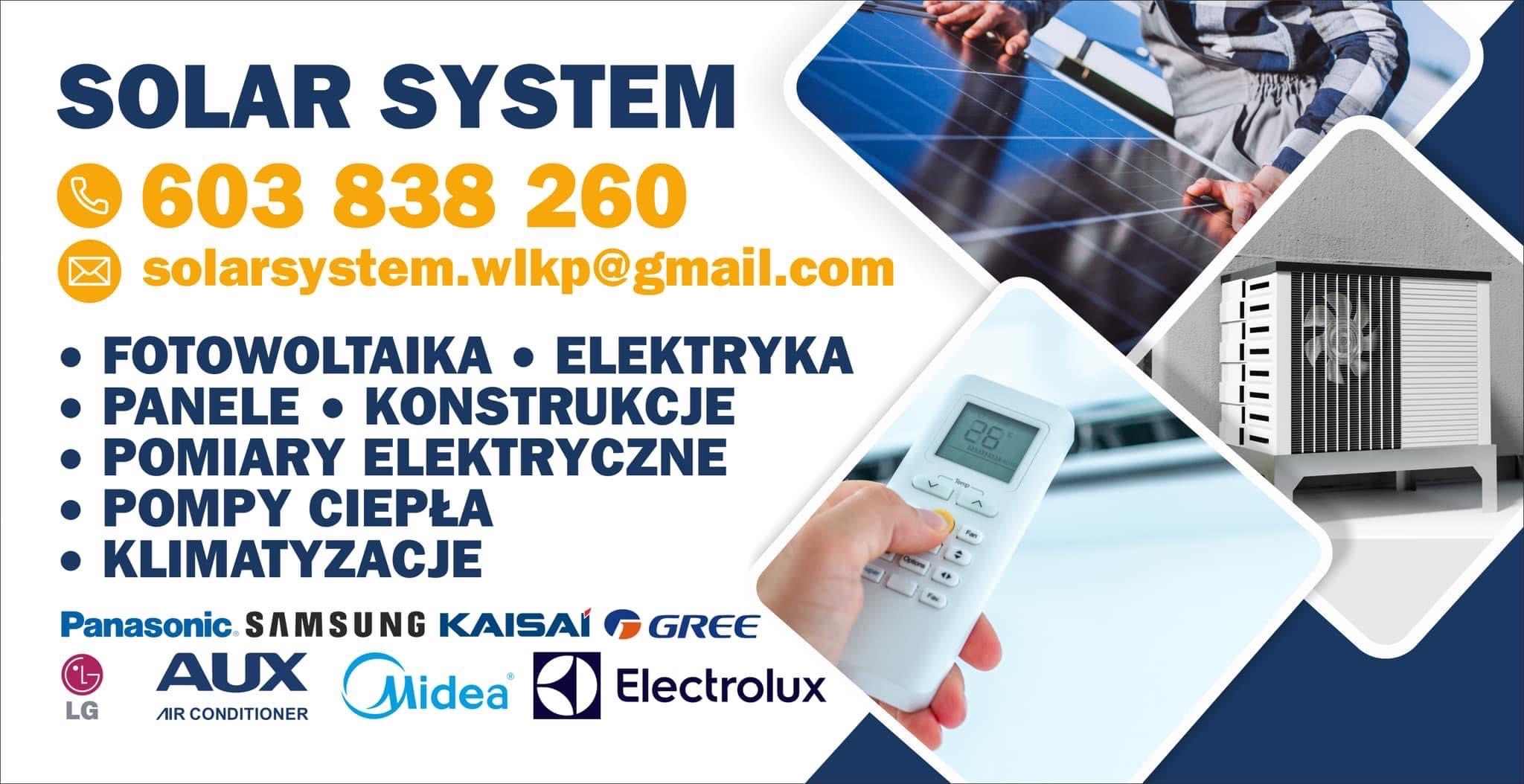 Kompozycja graficzna prezentująca firmę z branży OZE: panele słoneczne w tle, pompa ciepła, dłoń obsługująca pilot klimatyzacji, dane kontaktowe i logotypy producentów.