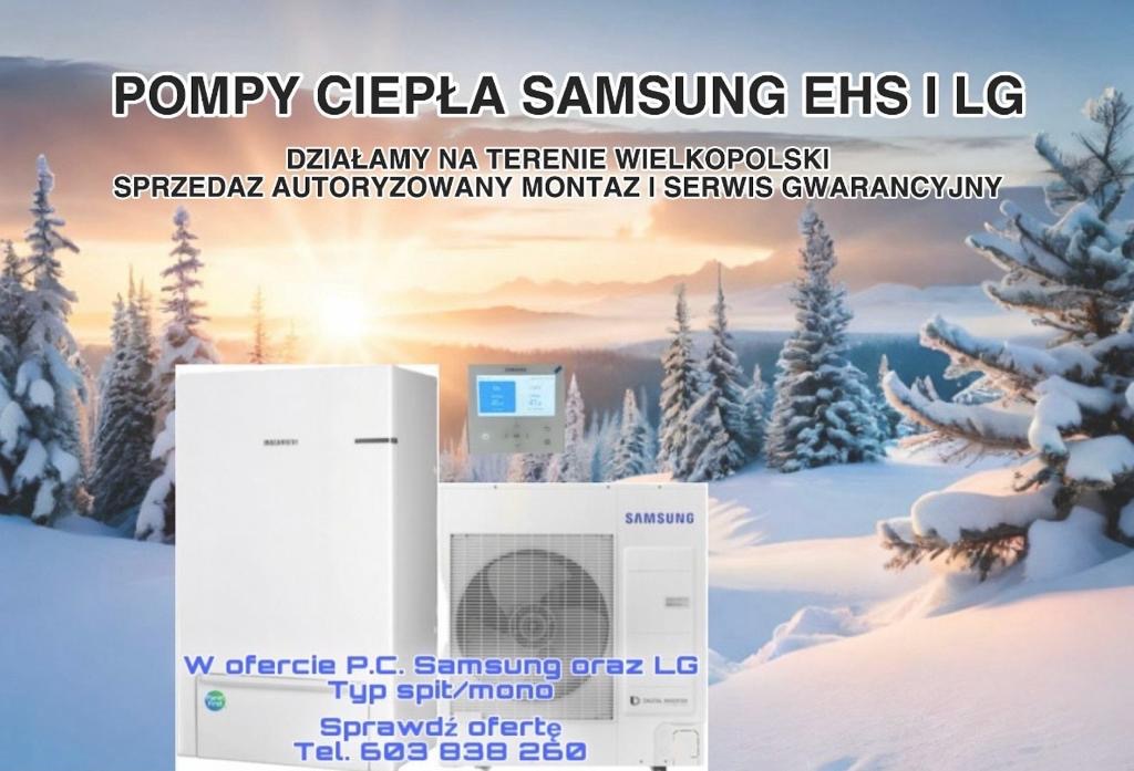 Zestaw urządzeń grzewczych Samsung i LG na tle zimowego krajobrazu z zasypanymi śniegiem drzewami, prezentujący ofertę sprzedaży, autoryzowanego montażu i serwisu gwarancyjnego na terenie...