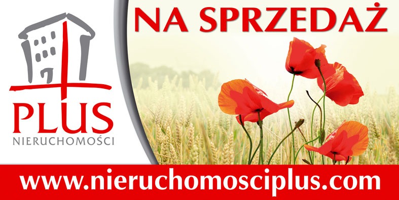 Logo firmy PLUS Nieruchomości z napisem 'NA SPRZEDAŻ' na tle pola maków i zboża, z adresem strony internetowej w dolnej części.