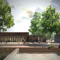 Wizualizacja projektu budynku usługowego w Rokicinach z elementami otoczenia: drzewa, zbiornik wodny z liliami, spacerujący ludzie i rowerzysta.