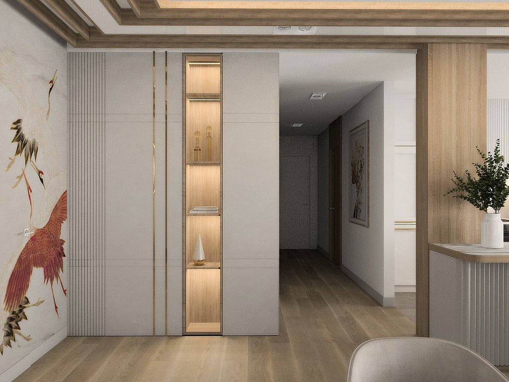 Witryna z lamelami i wykonczenia zlote