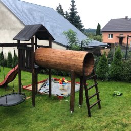 Plac zabaw dla dzieci, drewno sosnowe olejowane, autorski projekt