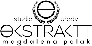 Logo studia urody 'EKSTRAKTT magdalena polak' z symbolem litery E otoczonej wieńcem.