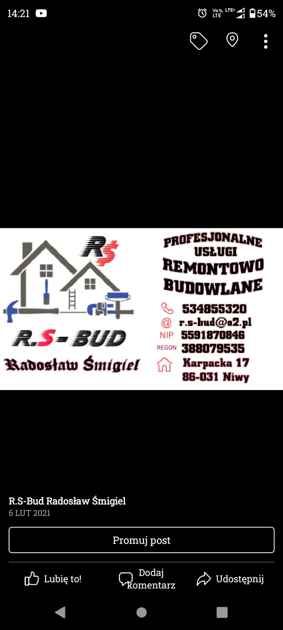 Logo firmy R.S-Bud Radosław Śmigiel z elementami graficznymi przedstawiającymi domy, narzędzia budowlane (młotek, pędzel, drabina) oraz dane kontaktowe (numer telefonu, adres e-mail, NIP, REGON...