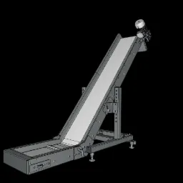 Techniczny rendering 3D podajnika taśmowego z silnikiem, ukazujący konstrukcję stalową z regulowanymi nóżkami i taśmą transportową pod kątem.