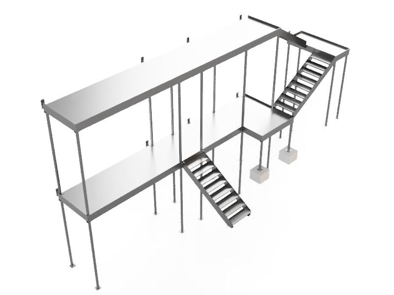 Wizualizacja dwupoziomowej konstrukcji stalowej z dwoma zestawami schodów na białym tle.
