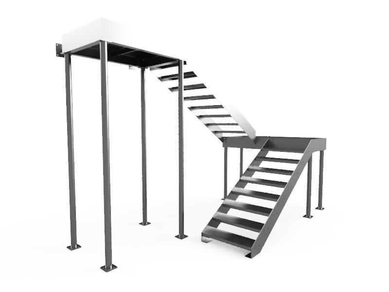 Wizualizacja 3D metalowej konstrukcji schodów z podestem, przedstawiona na białym tle, ukazująca precyzję wykonania i potencjalne zastosowanie w przestrzeni przemysłowej lub magazynowej.