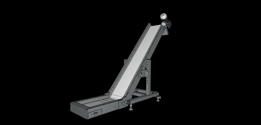 Techniczny rendering 3D podajnika taśmowego z silnikiem, ukazujący konstrukcję stalową z regulowanymi nóżkami i taśmą transportową pod kątem.