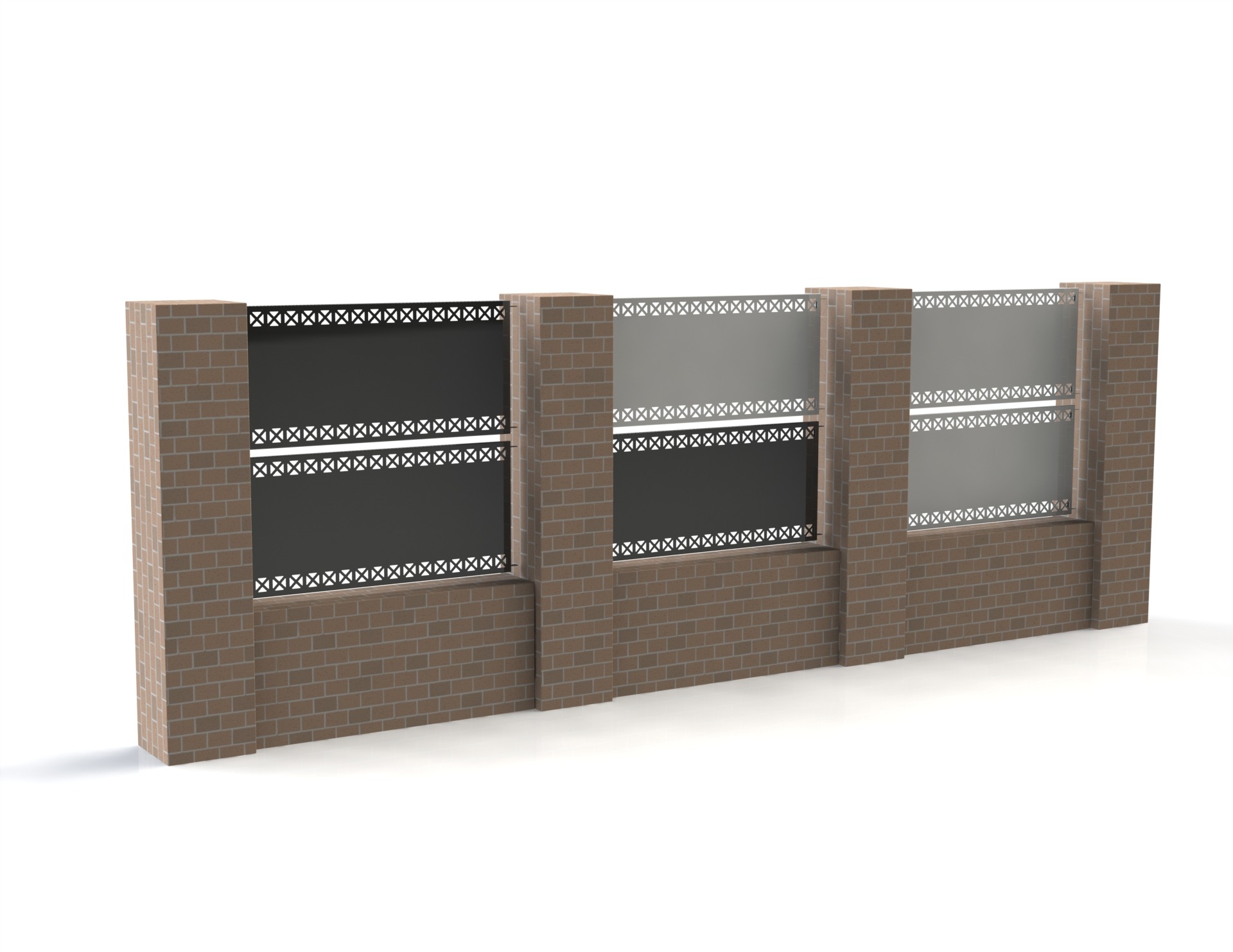 Wizualizacja fragmentu muru z cegły z trzema przęsłami, wypełnionymi panelami z ażurowym wzorem krzyżyków, w odcieniach szarości i czerni.
