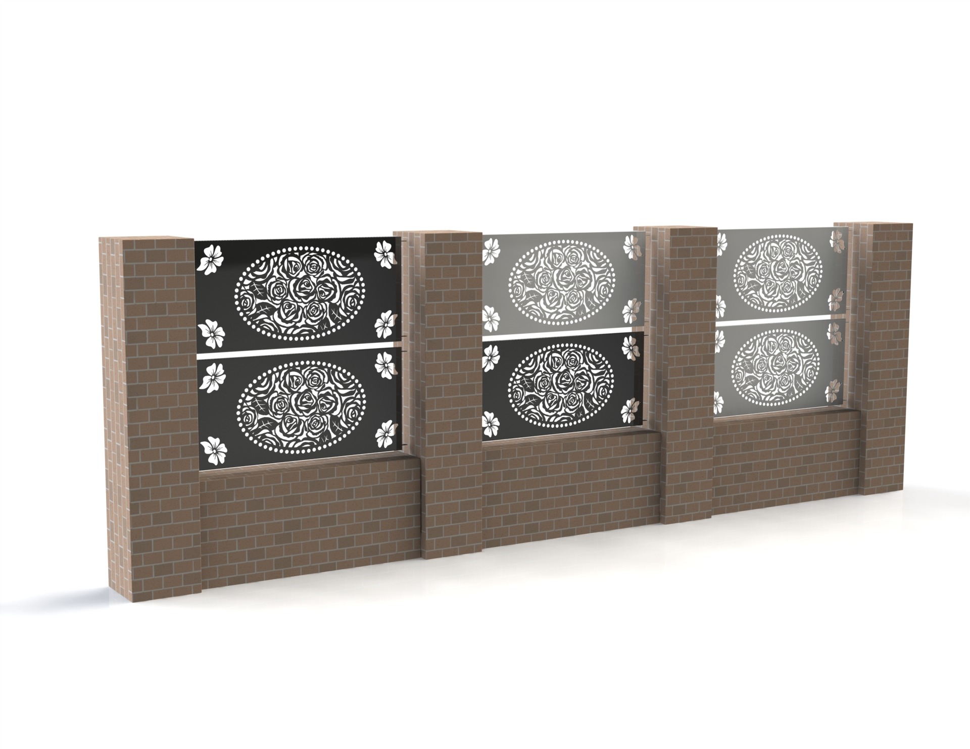 Wizualizacja 3D fragmentu muru z cegły z ażurowymi panelami dekoracyjnymi o motywie roślinnym, widoczne warianty kolorystyczne paneli: czarny i szary.