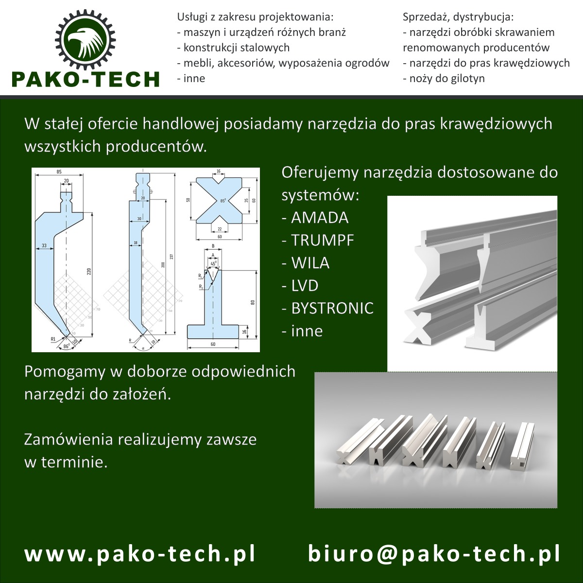 Schematy techniczne narzędzi do pras krawędziowych oraz wizualizacja 3D kilku wariantów, prezentowane na tle reklamy firmy PAKO-TECH.