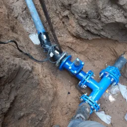 Niebieski trójnik z kołnierzami i śrubami, część podziemnej instalacji wodociągowej, widoczny w wykopie ziemnym z fragmentem buta roboczego w kadrze.