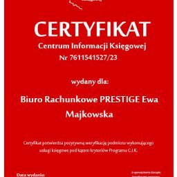 PRESTIGE BIURO RACHUNKOWE EWA MAJKOWSKA - Certyfikat Centrum Informacji Księgowej dla Biura Rachunkowego PRESTIGE Ewa Majkowska, nr 7611541527/23, data wydania 16.03.2023, potwierdzenie pozytywnej weryfikacji.
