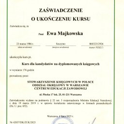 PRESTIGE BIURO RACHUNKOWE EWA MAJKOWSKA - Zeskanowane zaświadczenie o ukończeniu kursu dla kandydatów na dyplomowanych księgowych wydane przez Stowarzyszenie Księgowych w Polsce dla Ewy Majkowskiej.