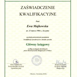 PRESTIGE BIURO RACHUNKOWE EWA MAJKOWSKA - Skan zaświadczenia kwalifikacyjnego dla Ewy Majkowskiej, wydanego przez Stowarzyszenie Księgowych w Polsce, potwierdzającego kwalifikacje zawodowe na stanowisko głównego księgowego.