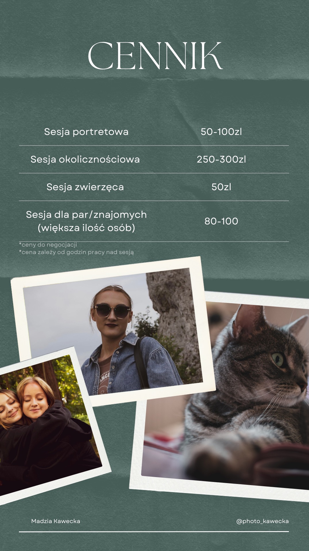 Cennik usług fotograficznych z przykładami zdjęć: portret kobiety w okularach przeciwsłonecznych, uśmiechnięte dziewczyny obejmujące się oraz kot leżący na czerwonym materiale.