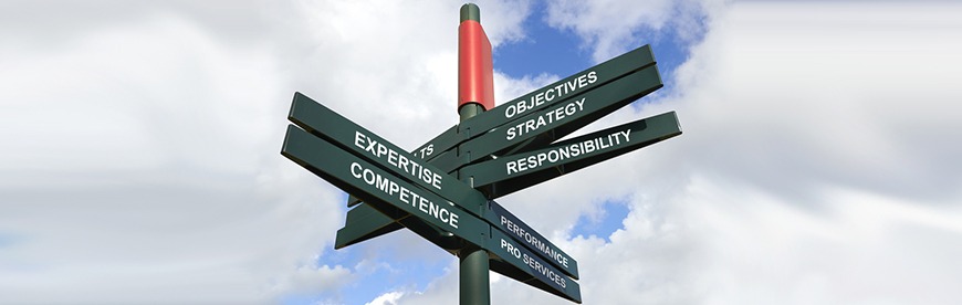 Drogowskaz z napisami: Expertise, Competence, Objectives, Strategy, Responsibility, Performance, Pro Services, na tle pochmurnego nieba.