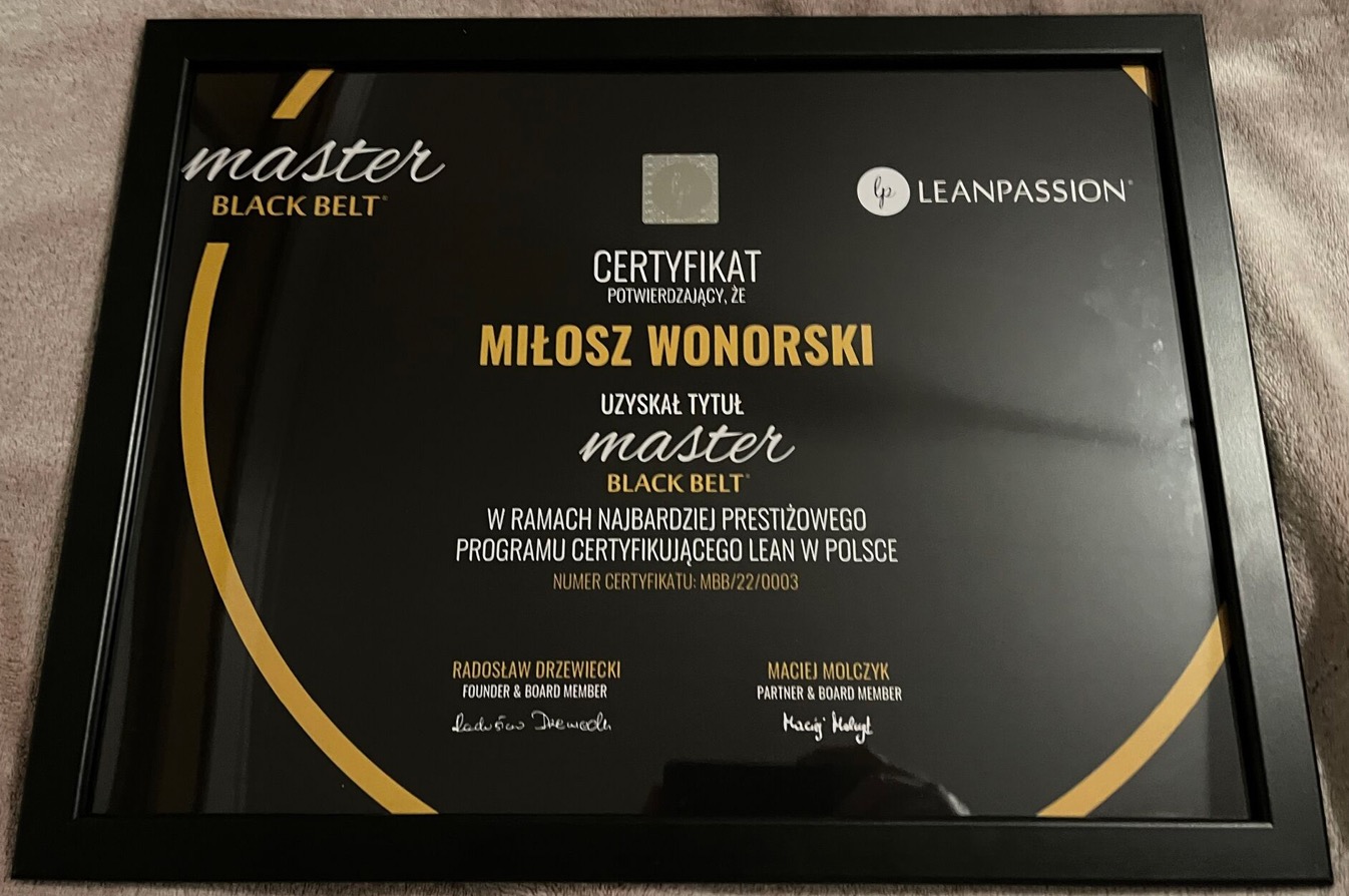 Oprawiony certyfikat Master Black Belt dla Miłosza Wonorskiego w programie Lean, z podpisami Radosława Drzewieckiego i Macieja Molczyka, numer certyfikatu MBB/22/0003.
