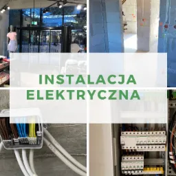 Kolaż zdjęć przedstawiający etapy instalacji elektrycznej: kable w sklepie, ściany w trakcie montażu instalacji, puszka instalacyjna z przewodami oraz rozdzielnia elektryczna z zabezpieczeniami.