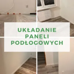 Mozaika zdjęć prezentująca etapy montażu paneli podłogowych w jasnym wnętrzu, widoczne dystanse montażowe, grzejnik pod oknem i fragment ułożonej podłogi w perspektywie.