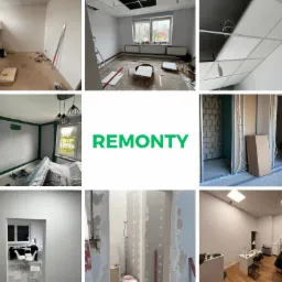 Kolaż zdjęć przedstawiających różne etapy prac wewnątrz pomieszczeń: przygotowanie podłoża, montaż sufitu podwieszanego, malowanie ścian z zielonymi obramowaniami, wstawianie ścianek działowych...