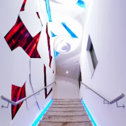 Nowoczesne schody z marmuru z podświetleniem LED, białe ściany z abstrakcyjną dekoracją z czerwonymi i niebieskimi akcentami, futurystyczne lampy sufitowe.