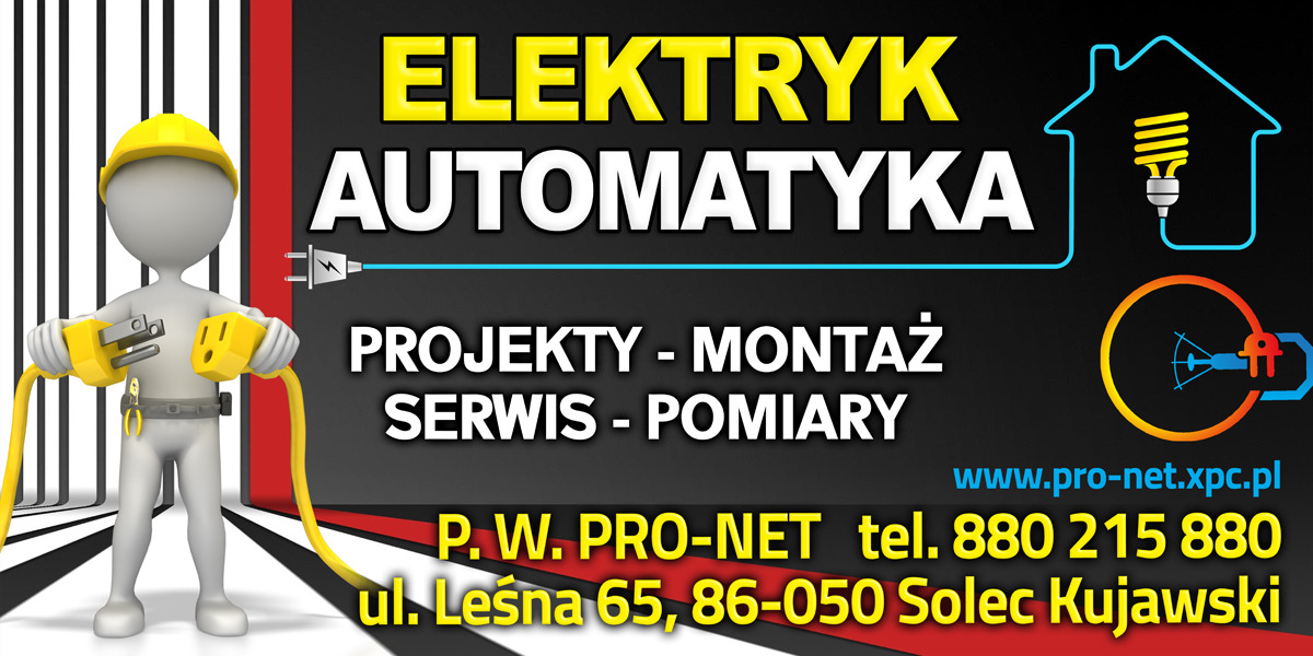 Grafika reklamowa firmy elektrycznej: schematyczny elektryk z wtyczką i gniazdkiem, hasła 'Elektryk Automatyka Projekty Montaż Serwis Pomiary', adres strony internetowej i dane kontaktowe.
