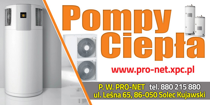 Grafika reklamowa z pompą ciepła, jednostką zewnętrzną, zbiornikami i danymi kontaktowymi firmy P.W. PRO-NET.