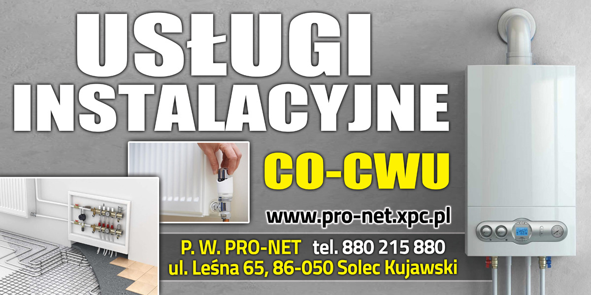 Grafika reklamowa firmy instalacyjnej CO-CWU: biały piec gazowy wiszący na ścianie, schemat ogrzewania podłogowego i grzejnik z regulatorem, dane kontaktowe firmy P.W. PRO-NET.