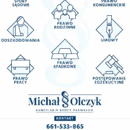 Grafika reklamowa kancelarii radcy prawnego Michała Olczyka, prezentująca zakres usług: spory sądowe, prawo konsumenckie, odszkodowania, prawo rodzinne, prawo spadkowe, umowy, postępowanie...