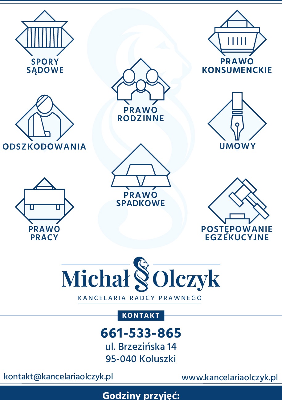 Grafika reklamowa kancelarii radcy prawnego Michała Olczyka, prezentująca zakres usług: spory sądowe, prawo konsumenckie, odszkodowania, prawo rodzinne, prawo spadkowe, umowy, postępowanie...