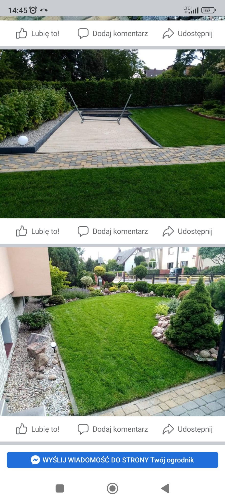 Zadbany ogród z równo przystrzyżonym trawnikiem, ozdobnymi krzewami i ścieżką z kostki brukowej, widok z dwóch perspektyw.