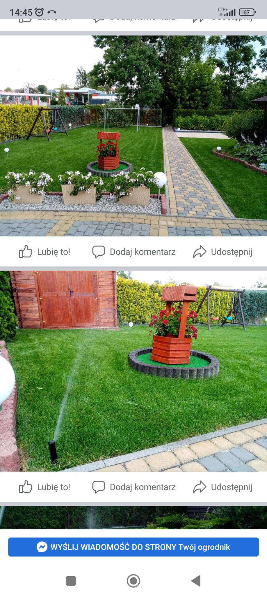 Zadbany trawnik z drewnianą studzienką z kwiatami, automatyczny system nawadniania w trakcie pracy, kostka brukowa, huśtawka w tle.