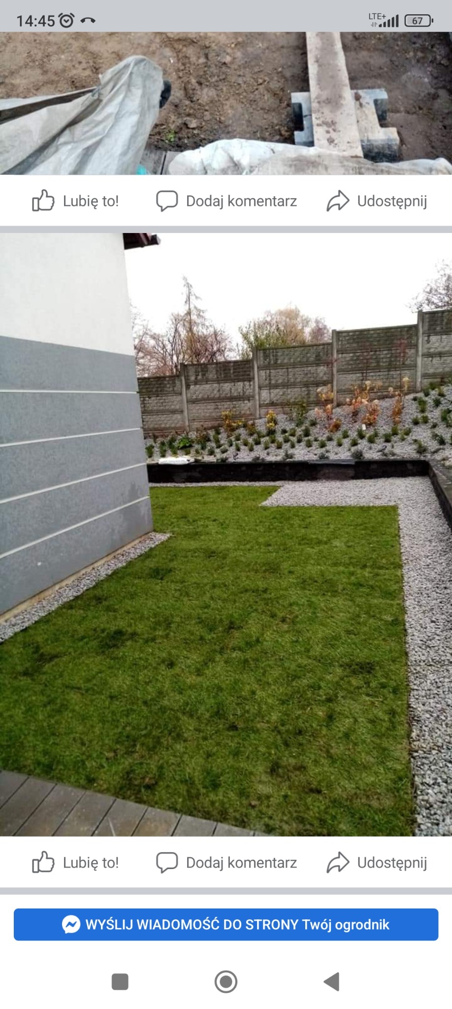 Świeżo założony trawnik z rolki, obrzeża z jasnego żwiru, rabata z nasadzeniami pod betonowym ogrodzeniem panelowym.