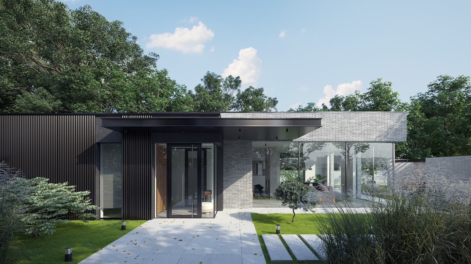 Nowoczesny dom jednorodzinny z płaskim dachem, elewacją z czarnych paneli i szarej cegły, duże przeszklenia, otoczony zielenią i ścieżką z płyt.