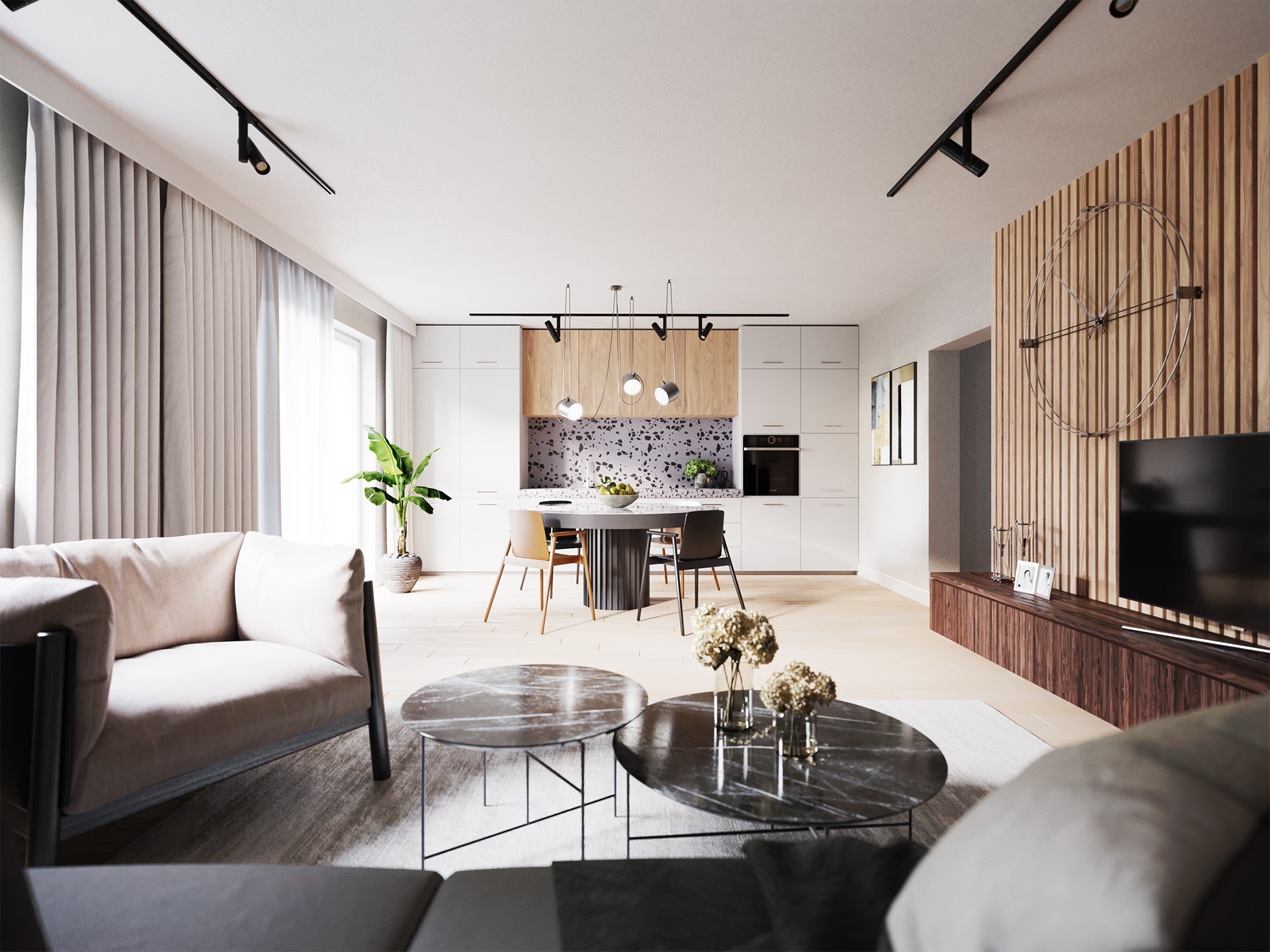 Jasne wnętrze apartamentu z otwartą kuchnią, jadalnią i salonem, marmurkowe stoliki kawowe, drewniana ściana z zegarem, oświetlenie szynowe, neutralna kolorystyka.