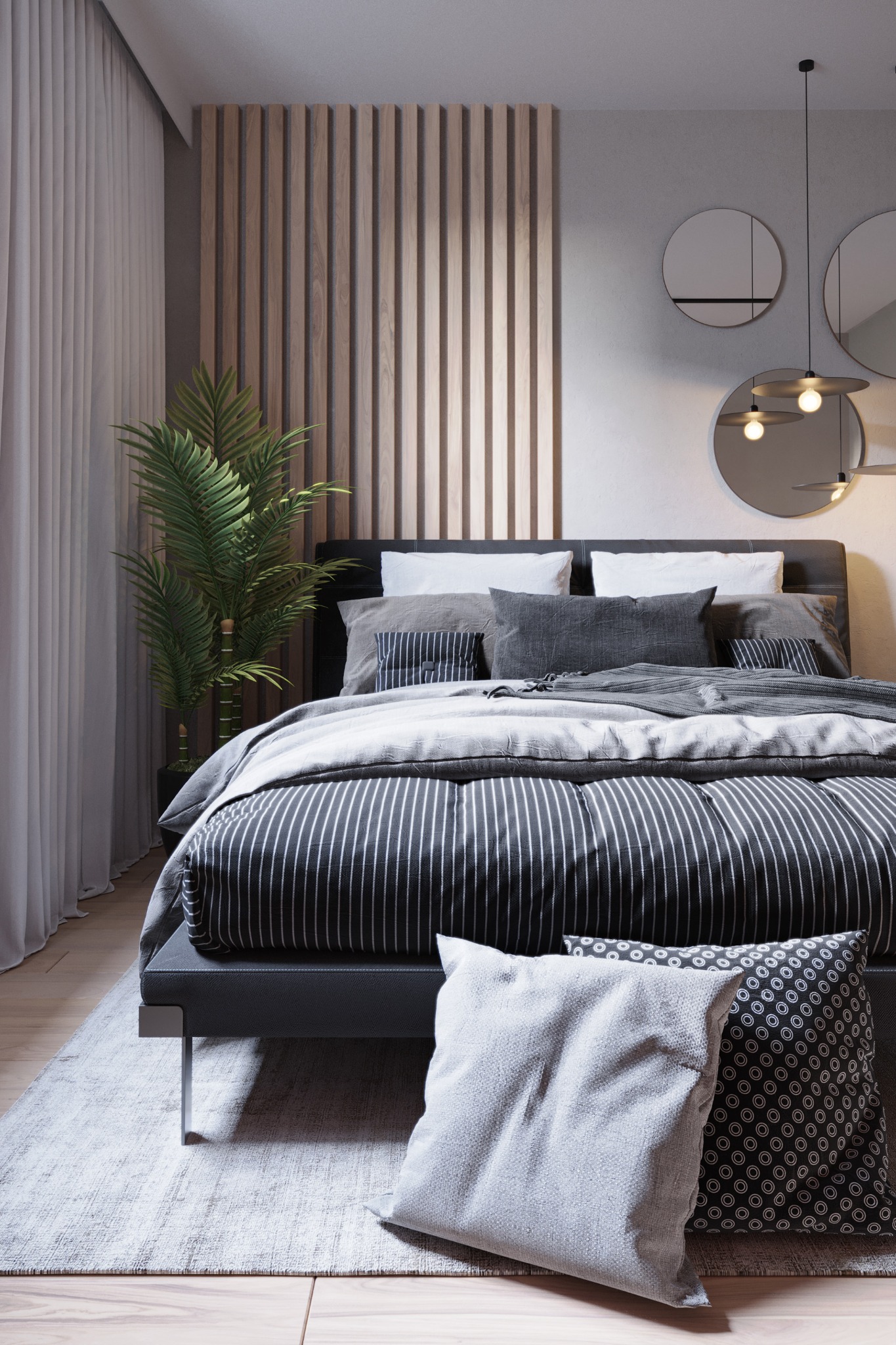 Nowoczesna sypialnia z łóżkiem w odcieniach szarości, drewnianym panelem ściennym, okrągłymi lustrami i rośliną doniczkową w rogu
