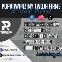 Grafika reklamowa z hasłem 'Poprowadzimy Twoją firmę w Social Mediach', logotypami Facebook, Instagram, TikTok i listą usług: publikowanie postów, szata graficzna, kampanie reklamowe, tworzenie...