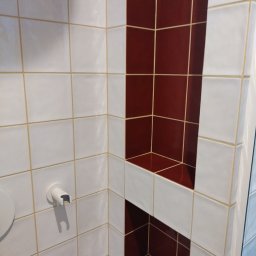 Volodymyr Gonchar - Wnęka w kabinie prysznicowej wyłożona bordowymi płytkami, otoczona białymi płytkami z jasnobeżową fugą i uchwytem na słuchawkę prysznicową.