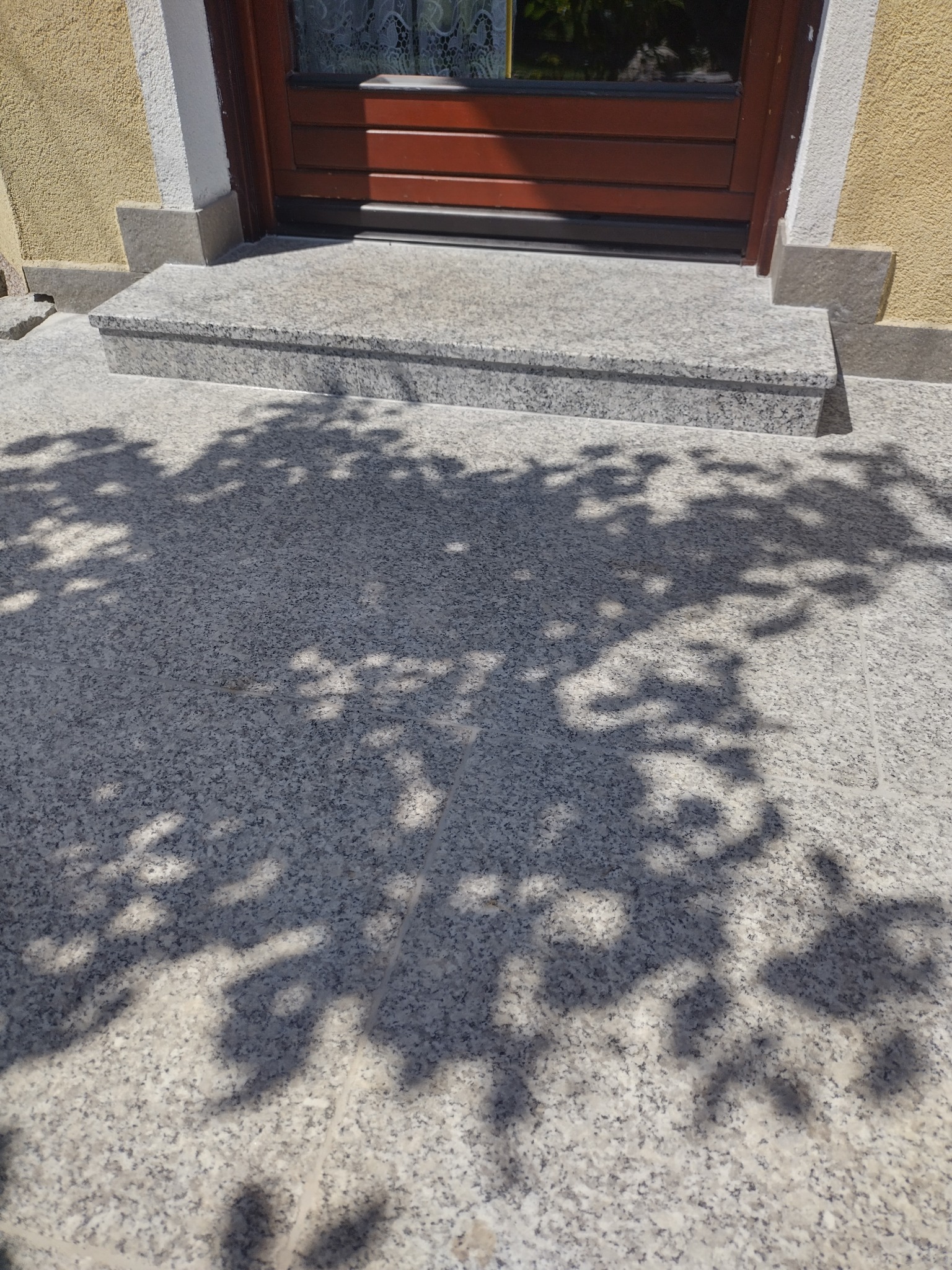Granitowe schody wejściowe i podest przed brązowymi drzwiami wejściowymi, z cieniem drzewa na posadzce.