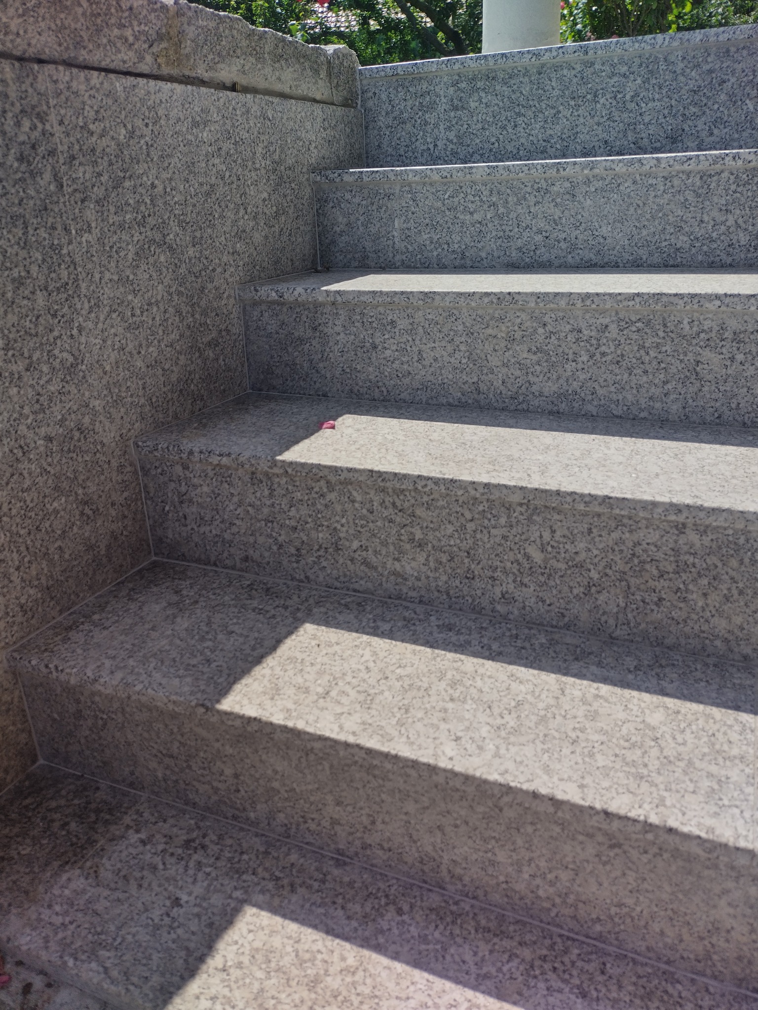 Schody zewnętrzne wyłożone szarym, ziarnistym granitem, z widocznym cieniem i małym, różowym płatkiem na jednym ze stopni.