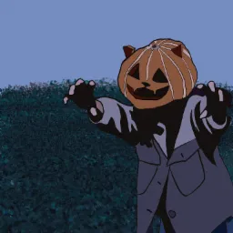 Kreskówkowy strach na wróble z głową dyni, ubranego w płaszcz, na tle żywopłotu i nieba.