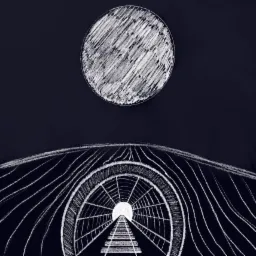 Ilustracja cyfrowa przedstawiająca tunel z perspektywą zbieżną, nad którym unosi się okrągła forma przypominająca księżyc, wszystko w odcieniach bieli na ciemnym tle.