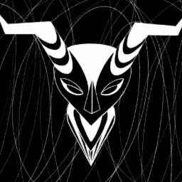 Czarno-biała, stylizowana maska z rogami na tle abstrakcyjnych, białych linii.