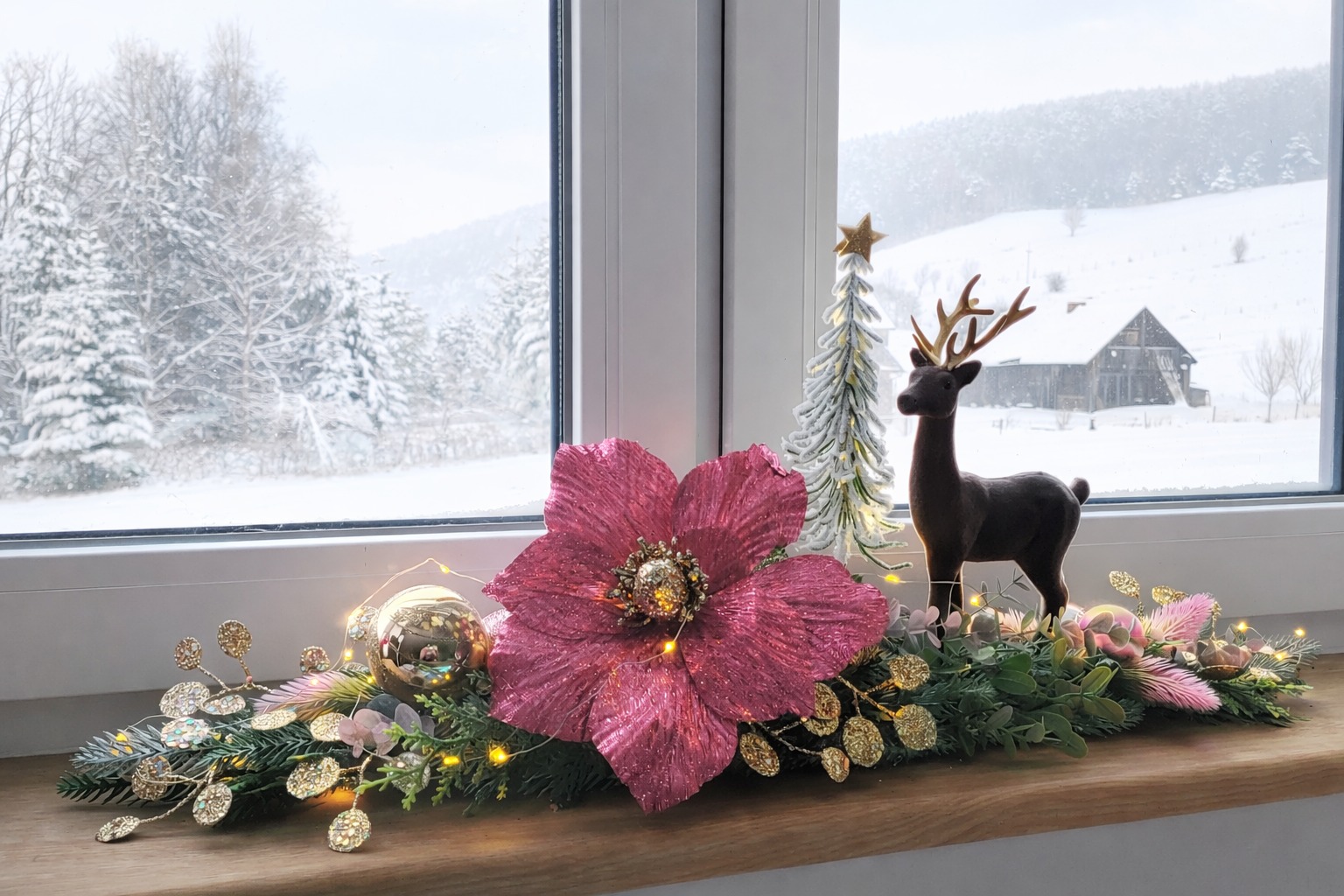 Świąteczna dekoracja okna: duży, różowy kwiat, renifer i choinka na tle zimowego krajobrazu z ośnieżonymi drzewami i budynkiem. Ciepłe światło lampek dodaje uroku.