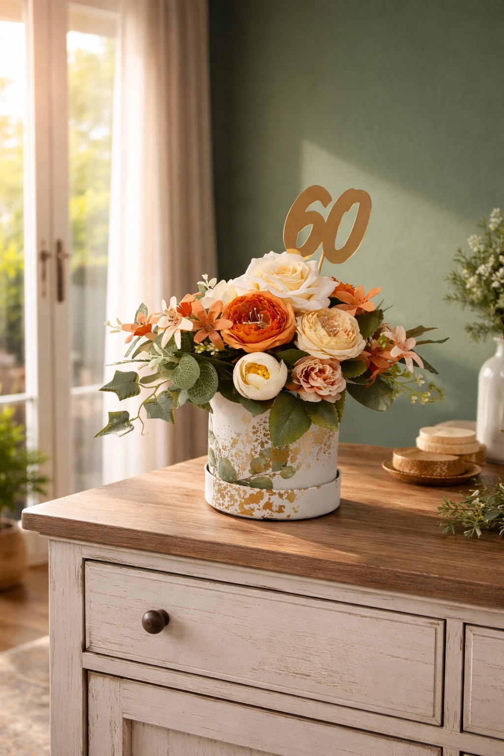 Dekoracja stołu z kwiatami w odcieniach pomarańczy i kremu, z topperem '60', na drewnianej komodzie w jasnym wnętrzu. Idealna na jubileuszowe przyjęcie.