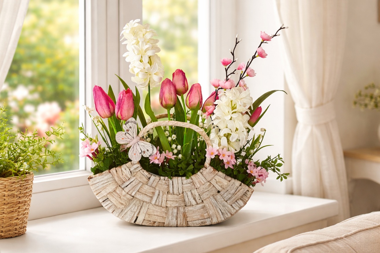 Kompozycja kwiatowa w plecionym koszyku na parapecie okna z białymi zasłonami. Różowe tulipany i białe hiacynty tworzą wiosenny bukiet.