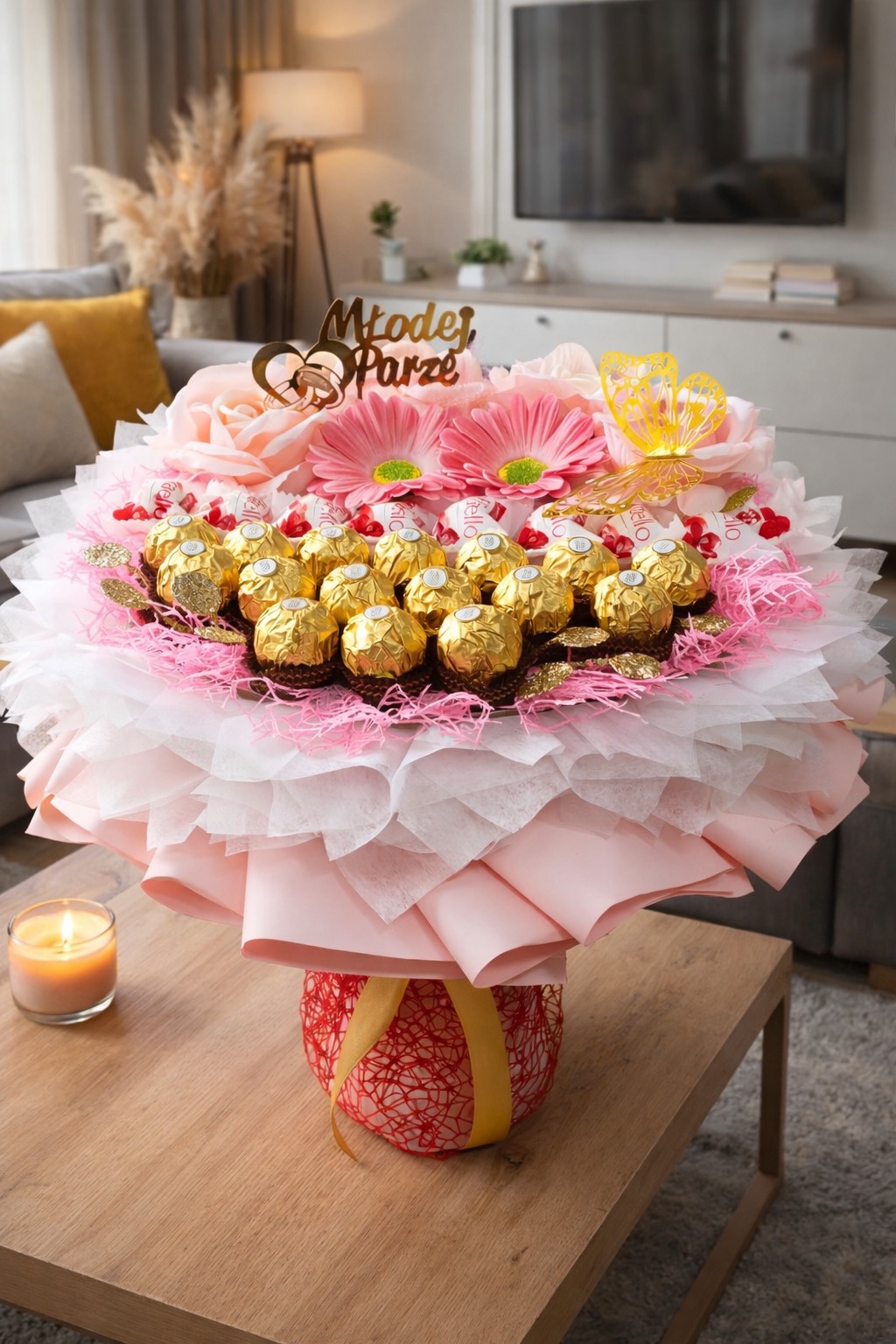 Słodki bukiet dla młodej pary: Różowe kwiaty, złote czekoladki Ferrero Rocher i dekoracja z napisem. Romantyczny prezent na stole w salonie.